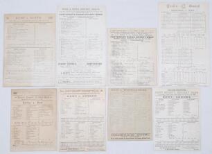 Kent C.C.C. 1893-1898. Eight early original scorecards with complete printed scores unless stated. Includes five from the collection of J.R. Mason. v. Surrey, Kennington Oval 3rd- 5th August 1893, match drawn (T.W. Hayward 112). v. Sussex, Catford 26th & 