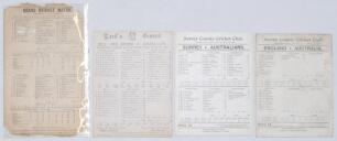 Australia tour to England 1896. Four early original scorecards for matches played on the 1896 tour. Complete printed scores unless stated. Matches are v. Yorkshire, Park Avenue, Bradford 29th June- 1st July 1896, Australians won by 140 runs (F.A. Iredale