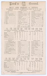 M.C.C. and Ground v. Sussex&rsquo; 1897. Early original double sided scorecard with complete printed scores for the match played at Lord&rsquo;s, 13th- 15th May 1897. Sussex elected to bat and reached 418 thanks almost entirely to an innings of 260 by Ranjitsinhji, w