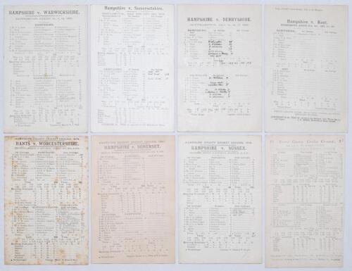 Hampshire C.C.C. 1899-1909. Eight original scorecards for County matches played by Hampshire, unless stated all at Southampton with complete printed scores. Matches are v. Worcestershire 24th- 26th August 1899, Hampshire won by 52 runs, printed and handwr