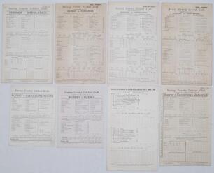 Surrey C.C.C. 1899-1909. Seven original scorecards for County matches played by Surrey at Kennington Oval and one other, with complete printed scores unless stated. Matches are v. Gloucestershire 18th- 20th May 1899, match drawn. v. Sussex 26th- 28th June