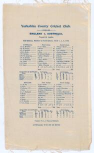 Australia tour to England 1909. &lsquo;England v. Australia&rsquo;. Third Test. Early original commemorative silk scorecard for the 3rd Test, played at Headingley, 1st- 3rd July 1909. Australia won the match by 126 runs. In Australia&rsquo;s first innings of 188 Gregory ma