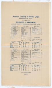 Australia tour to England 1909. &lsquo;England v. Australia&rsquo;. Fifth Test. Early original commemorative silk scorecard for the 5th Test, played at Kennington Oval, 9th- 11th August 1909. Australia batted first and reached 325, Bardsley scoring 136, Trumper 73 an
