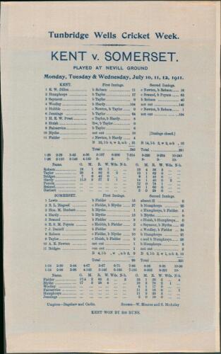 &lsquo;Tunbridge Wells Cricket Week. Kent v. Somerset&rsquo; 1911. Original commemorative silk scorecard for the match played at the Neville Ground, 10th- 12th July 1911, in which Frank Woolley scored a century in each innings for the first time in his career. Kent b