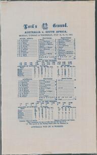 &lsquo;Triangular Test Tournament 1912&rsquo;. Rare original commemorative silk scorecard for the Australia v. South Africa Test match played at Lord&rsquo;s, 15th- 17th July 1912. South Africa elected to bat first and reach 263, Herbie Taylor top scorer with 93. Centuries