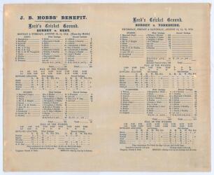 Surrey C.C.C. 1914. Jack Hobbs&rsquo; Benefit. Original commemorative silk scorecard comprising the scores from two matches played at Lord&rsquo;s, Surrey v. Kent (Hobbs&rsquo; Benefit) 10th & 11th August, and Surrey v. Yorkshire 13th- 15th August 1914.