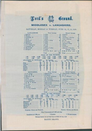 Middlesex v Lancashire 1929. Gubby Allen ten wickets in an innings. Original commemorative silk scorecard for the match played at Lord&rsquo;s, 15th- 18th June 1929. Lancashire elected to bat first and posted 241 (Ernest Tyldesley 102), Gubby Allen taking all t