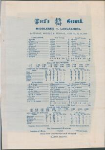 Middlesex v Lancashire 1929. Gubby Allen ten wickets in an innings. Original commemorative silk scorecard for the match played at Lord&rsquo;s, 15th- 18th June 1929. Lancashire elected to bat first and posted 241 (Ernest Tyldesley 102), Gubby Allen taking all t