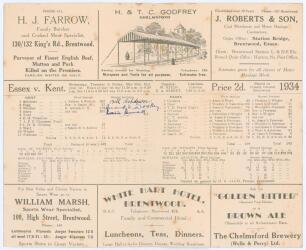 Kent record scores. Essex v. Kent 1934. Official folding double sided scorecard for the match played at the Old County Ground, Brentwood, 30th May- 1st June 1934. Batting first, Kent amassed a record score of 803 for four wickets declared, which remains t