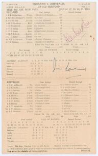 Jim Laker &lsquo;19 wickets&rsquo;. England v Australia, Old Trafford, 1956. Official fully printed scorecard for the historic Test match where Laker took 9-37 in the first and 10-53 in the second innings. Signed by Laker in blue ink, and also by Alan Oakman who took