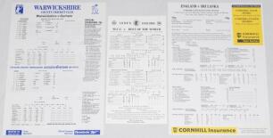 Cricket record or notable performance scorecards 1987-1998. Three official scorecards, each with complete printed scores for matches with notable performances. Warwickshire v. Durham, Edgbaston 2nd- 6th June 1994, Brian Lara 501no. England v. Sri Lanka, T