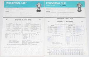 Prudential World Cup Finals, Lord&rsquo;s 1975 & 1979. Two official scorecards for the first two World Cup Finals to be played, 21st June 1975 (West Indies beat Australia by 17 runs) and 23rd June 1979 (West Indies won by 92 runs). Both scorecards with handwrit