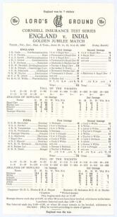 England v. India. Golden Jubilee Match 1982. Official scorecard for the 1st Test at Lord&rsquo;s 10th- 15th June 1982. The scorecard with complete printed scores and in excellent condition. Sold with two original mono press photographs of the two centurions in 