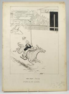 &lsquo;London Laughs. Derby Day. It bolted from the roundabouts&rsquo;. Excellent and original pen and ink drawing artwork by artist Joseph Lee, showing the finishing line at the Derby at Epsom. A fairground horse appears to be winning the race much to the consternat