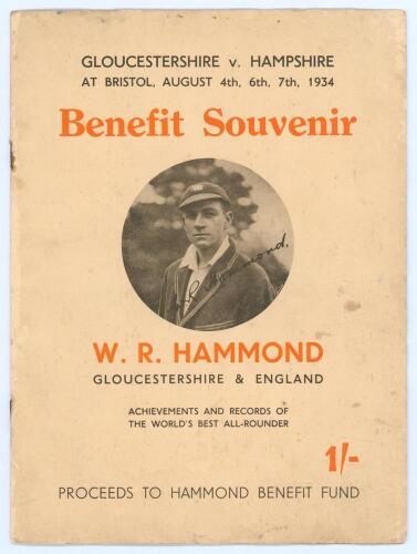 Walter Reginald Hammond. Gloucestershire & England 1920-1951. Official Benefit Souvenir for the Gloucestershire v Hampshire match played at Bristol, 4th-7th August 1934. Original pictorial covers. Some age toning and slight wear soiling to wrappers, rusti