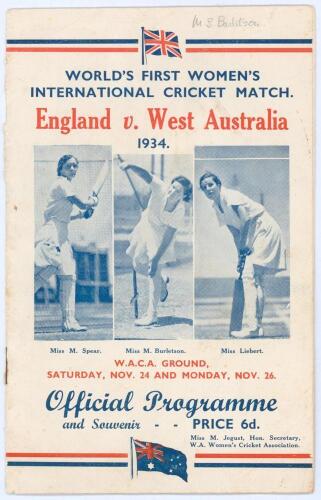&lsquo;World&rsquo;s First Women&rsquo;s International Match. England v. West Australia 1934&rsquo;. Official programme for the match played at the W.A.C.A. Ground, Perth, 24th & 26th November 1934. Signed to the &lsquo;Autographs&rsquo; page by fourteen members of the England touring party