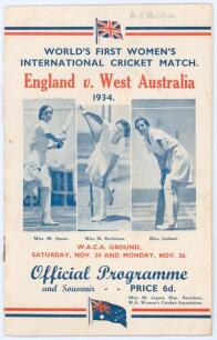 &lsquo;World&rsquo;s First Women&rsquo;s International Match. England v. West Australia 1934&rsquo;. Official programme for the match played at the W.A.C.A. Ground, Perth, 24th & 26th November 1934. Signed to the &lsquo;Autographs&rsquo; page by fourteen members of the England touring party