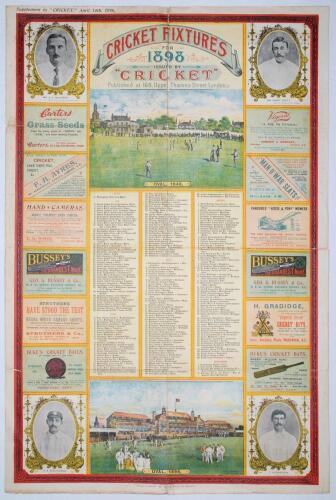 Cricket wall calendars. &lsquo;Cricket Fixtures for 1898 issued by &ldquo;Cricket&rdquo;&rsquo;, supplement dated 14th April 1898. Large decorative colour calendar with portraits of A.C. Maclaren, Harry Trott, K.S. Ranjitsinhji and Tom Richardson to the corners, and colour illus
