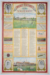 Cricket wall calendars. &lsquo;Cricket Fixtures for 1898 issued by &ldquo;Cricket&rdquo;&rsquo;, supplement dated 14th April 1898. Large decorative colour calendar with portraits of A.C. Maclaren, Harry Trott, K.S. Ranjitsinhji and Tom Richardson to the corners, and colour illus