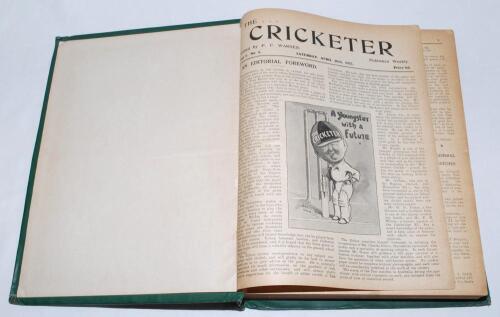 &lsquo;The Cricketer&rsquo; magazine 1921-1945. Three boxes comprising a complete run of the magazine for the period totalling twenty seven bound volumes from Volume I 1921 to Volume XXVI 1945. The first volume bound in official publisher&rsquo;s green cloth, lacking origi