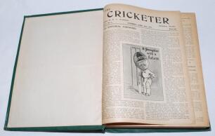 &lsquo;The Cricketer&rsquo; magazine 1921-1945. Three boxes comprising a complete run of the magazine for the period totalling twenty seven bound volumes from Volume I 1921 to Volume XXVI 1945. The first volume bound in official publisher&rsquo;s green cloth, lacking origi