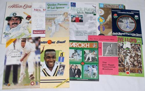 Testimonial and Benefit brochures. Good collection of brochures, many with Lancashire interest. Twenty brochures are signed by the beneficiary including Ken Higgs 1968, Jack Bond 1970, Farokh Engineer 1976, David Hughes 1992 (2)Frank Hayes 1983, Clive Llo