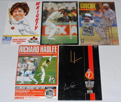 Signed testimonial and benefit brochures 1986-1995. Five official brochures, each signed to the front (unless stated) by the featured player. Richard Hadlee, two Testimonial brochures, one given by Nottinghamshire 1986, the other in New Zealand 1989, John