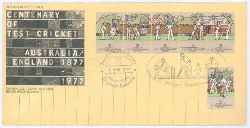 &lsquo;Centenary of Test Cricket. Australia/ England 1877-1977&rsquo;. Commemorative &lsquo;Australia Post Cover&rsquo; issued at the Melbourne Cricket Ground 9th March 1977 for the Centenary Test in Australia. Signed to the verso by Tom Graveney and to the inside by thirty form