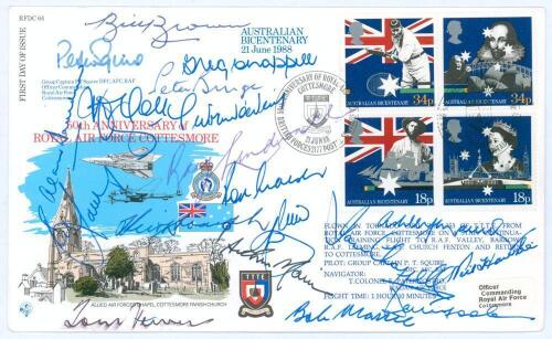 &lsquo;Australian Bicentenary 21 June 1988. 50th Anniversary of Royal Air Force Cottesmore&rsquo;. Commemorative first day cover issued at Cottesmore, 21st June 1988. Limited edition no. 1369/1375. Nineteen signatures in ink to the front including eighteen Australian