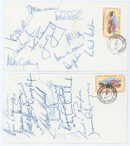 England tour to West Indies 1980/81. Two plain white envelopes, both postmarked Barbados 9th March 1981. One signed by the eleven members of the England team for the tour match v Barbados 7th- 10th March 1981, the other by fourteen Barbados players. Engla