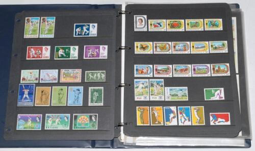 World cricket and sporting stamps 1960s-2010s. A large philatelic collection of individual stamps, miniature and some full sheets, presentation packs, stamp books etc. contained in five albums and loose. Countries of issue include Great Britain, Isle of M