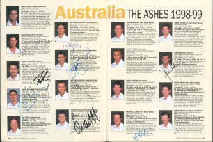 England v Australia. Official Ansett Australia Test programme for the 1998-99 series in Australia, signed to the team pages by nine of the Australian players and seventeen of the England party. Signatures include Elliott, Warne, Fleming, Healy, Langer, Le