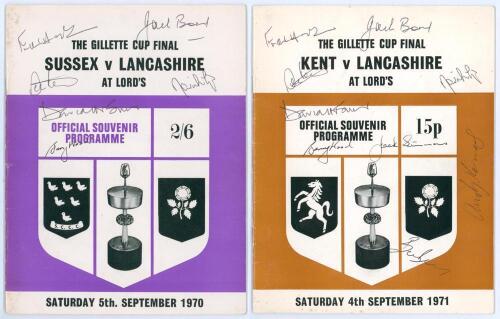 Lancashire C.C.C. Gillette Cup Winners 1970 & 1971. Two official programmes and scorecards for the finals played at Lord&rsquo;s, v. Sussex 5th September 1970 (Lancashire won by six wickets) and v. Kent 4th September 1970 (Lancashire won by 24 runs). Both progr
