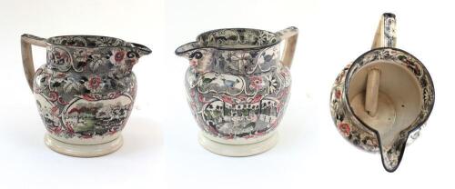 Sporting puzzle jug c 1820/30&rsquo;s. Large early ceramic puzzle jug with sporting scenes of boxing, hunting, cock fighting, horse racing, bull baiting to its sides, human rams head face to the underside of the spout. The main two cartouche panels features the