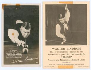 Billiards. Walter Lindrum. Mono real photograph postcard of Lindrum captioned &lsquo;A Souvenir of my Australian tour in aid of the Red Cross and Comforts Fund, sponsored by the distributors of Black & White Cigarettes 1942&rsquo;. Nicely signed in ink to the verso, 