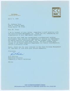 Baseball. Rich Rollins. Single page typed letter from Rollins on &lsquo;CCMC&rsquo; letterhead, dated 5th April 1990. Rollins is replying to a request for employment with his management company in Ohio. Nicely signed in ink by Rollins, with accompanying envelope. Sta