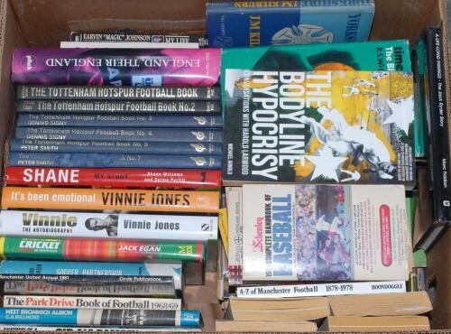Sporting books and ephemera. Good selection including football, cricket, rugby, American Football, odd baseball etc. Official programme for The Festival of Football, Earls Court 1949, signed autobiographies of Vinnie Jones (2) and Shane Williams (rugby), 