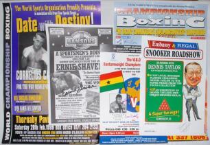 Sporting posters 1980s-2000s. A good selection of over forty posters, some signed. The majority cover boxing, others include snooker, lacrosse, swimming, athletics, rugby union, cricket etc. Signatures include Alfred Kotey, Drew Docherty, Brian Carr, Erni