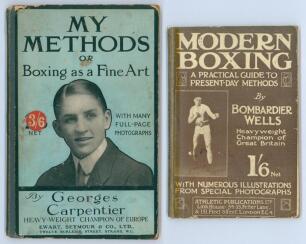 My Methods or Boxing as a Fine Art’. Georges Carpentier 1914. Pictorial blue hardback boards. Some breaking to spine block, boards soiled, wear to board extremities, internally good. Sold with ‘Modern Boxing: A Practical Guide to Present-Day Methods’. Bom