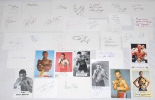 Boxing signatures 1975s- 2000s. Over one hundred and thirty signatures of British and international boxers, trainers, promoters, referees etc. (with odd duplication), the majority individually signed to plain white cards and the odd colour postcard and pr