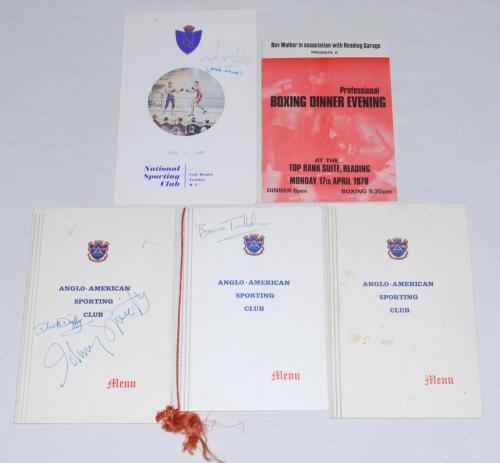 Anglo-American Sporting Club 1970’s. Selection of four menus plus a further Reading boxing programme 1978. The menus signed by nineteen guests including boxers and other sportsman and celebrities. Signatures include Jack Peterson, Dick Duffy, Tony Burnett