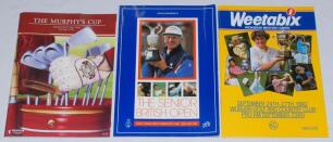 Golf signatures 1990s. Three official tournament programmes, each signed by participating players. The Murphy’s Cup, Fulford, York 1991, thirty six signatures including Ian Woosnam, Howard Clark, Sandy Lyle, Mark James, Ronan Raffery, Gordon Brand Jr., Ch