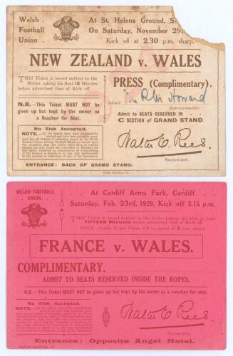 Rugby Union international tickets 1924 & 1929. New Zealand ‘Invincibles’ tour of Britain, Ireland and France 1924/35. Original ‘Press (Complimentary)’ ticket for the match v Wales at St. Helens Ground, Swansea, 29th November 1924. New Zealand won 19-0. Lo