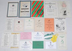 Rugby menus, itineraries, tickets, guest lists, table plans, odd programme etc 1970/90’s. Players and press itineraries for Lions tour of South Africa 1968 (faults), England tour of New Zealand 1971, South Africa 1972, New Zealand 1977 and Japan, Fiji and