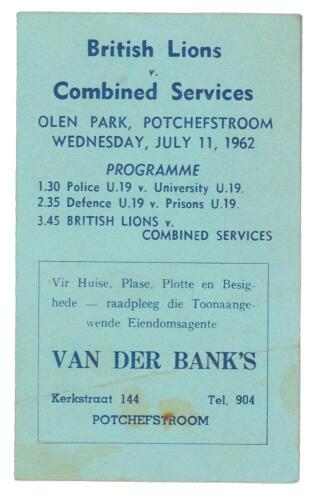 British Lions tour of South Africa 1962. Official small folding card programme for the British Lions v Combined Services played at Olen Park, Potchefstroom on the 11th July 1962. Light crease and minor soiling otherwise in good condition. Rare. Lions won 