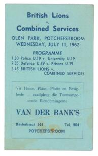 British Lions tour of South Africa 1962. Official small folding card programme for the British Lions v Combined Services played at Olen Park, Potchefstroom on the 11th July 1962. Light crease and minor soiling otherwise in good condition. Rare. Lions won 