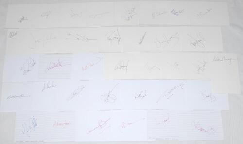 Rugby union international and club players, coaches and referees signatures 1970s- 2010s. Over one hundred and thirty signatures (with odd duplication), individually signed to plain white cards. Signatures include Mike Catt, Phil de Glanville, Jon Callard