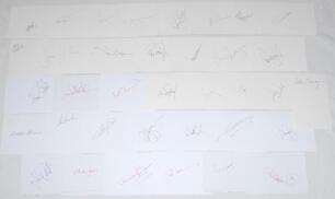 Rugby union international and club players, coaches and referees signatures 1970s- 2010s. Over one hundred and thirty signatures (with odd duplication), individually signed to plain white cards. Signatures include Mike Catt, Phil de Glanville, Jon Callard