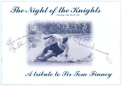 ‘The Night of Knights. A Tribute to Tom Finney’. Official menu for the event to mark the Knighthood of Finney held on the 10th March 1998. The menu signed by Finney, Nat Lofthouse and Bobby Charlton, also Knights. Sold with an autograph book containing va