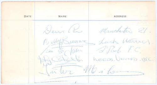 Football autographs. Page from a hotel visitors’ book signed by five players. Signatures are Dennis Law (Manchester United), Billy Bremner (Leeds United), Ian St. John (Liverpool), Jack Charlton (Leeds United) and Jackie Milburn (Newcastle United). G/VG.